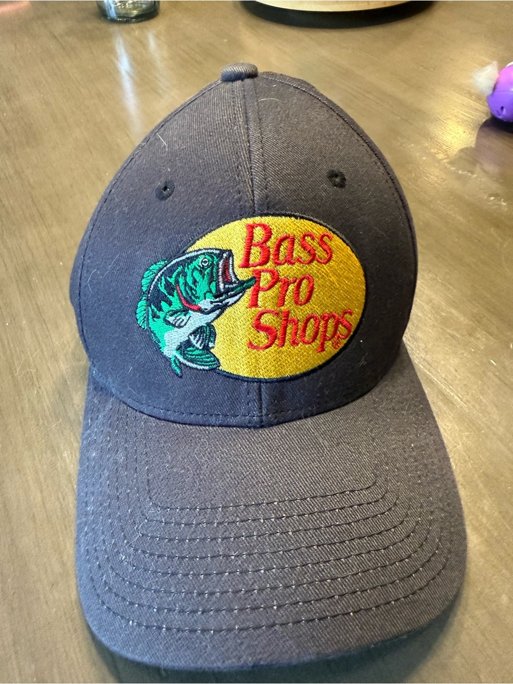 Bass Pro Shops Navy Cap with Yellow Patch and Green Fish Embroidery